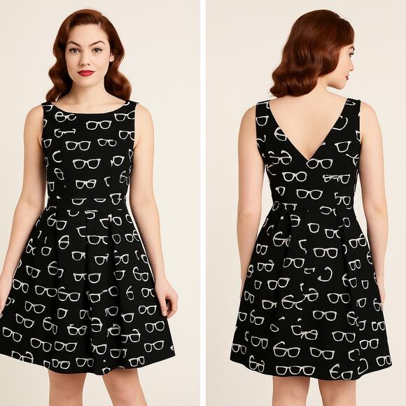 Eva Franco Modcloth Frames and Fortune Glasses Retro Pleated Dress Size 6 - Picture 1 of 9